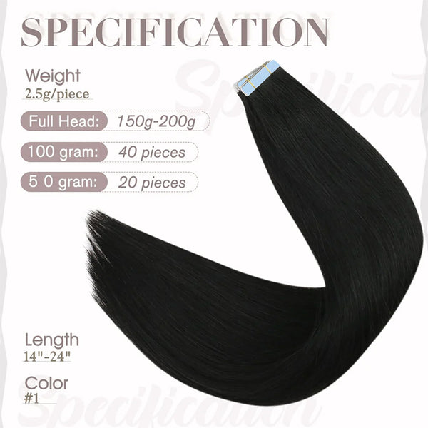 Tape In Hair Extensions 100% Virgin Human Hair Jet Black (#1)