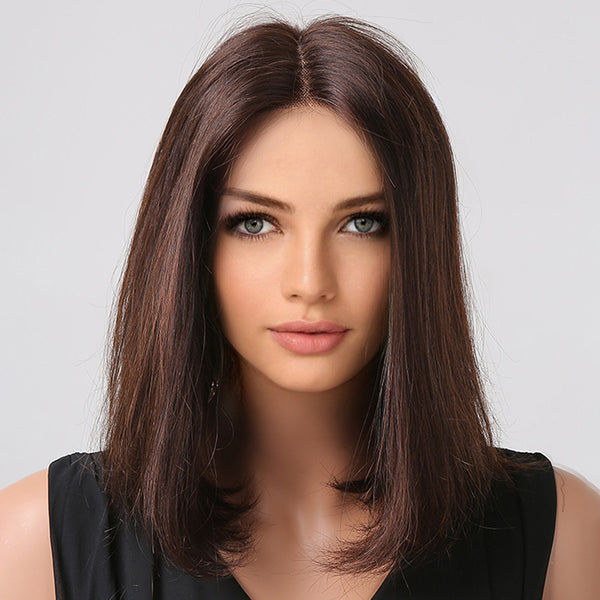 14'' Short Straight Bob Wigs Brown 100% Remy Hair (Lace Part) - Inner Bellezza
